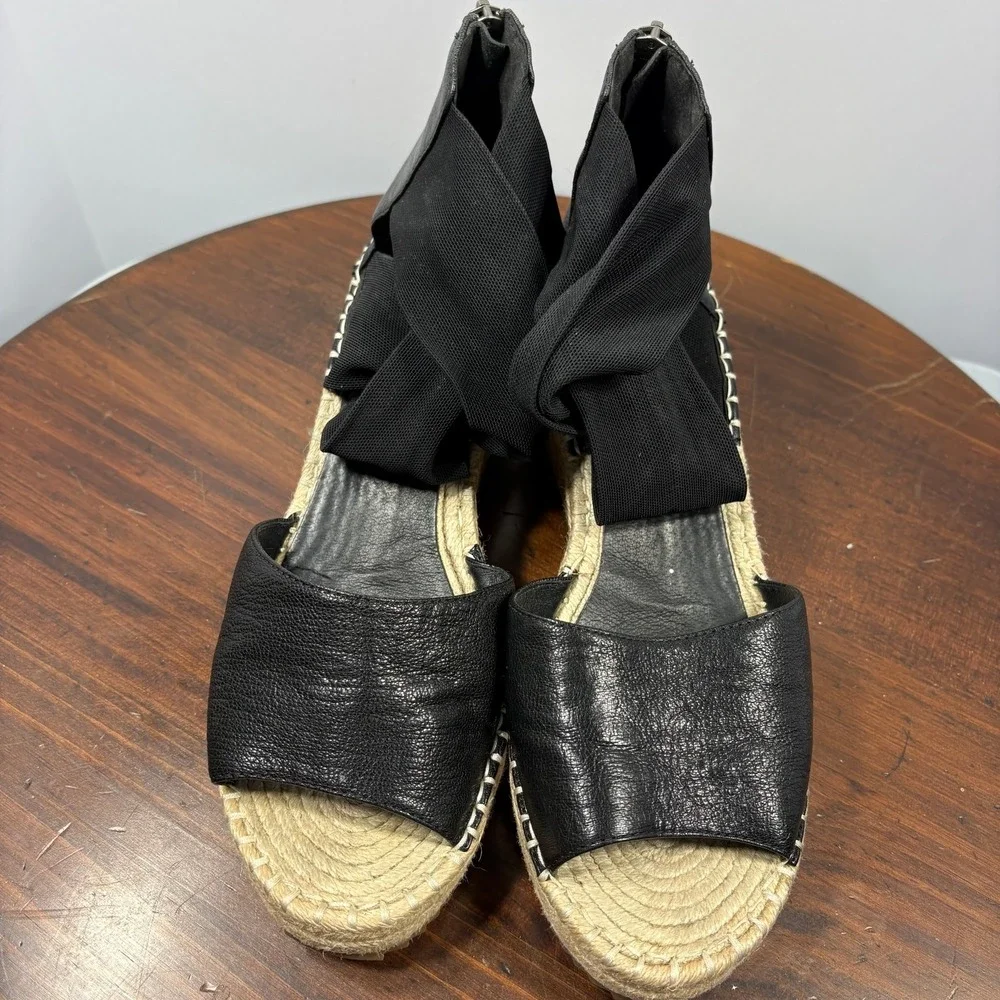 Eileen Fisher Wiley Leather Espadrille Wedge Sandals Womens 10 Black‎ Platform